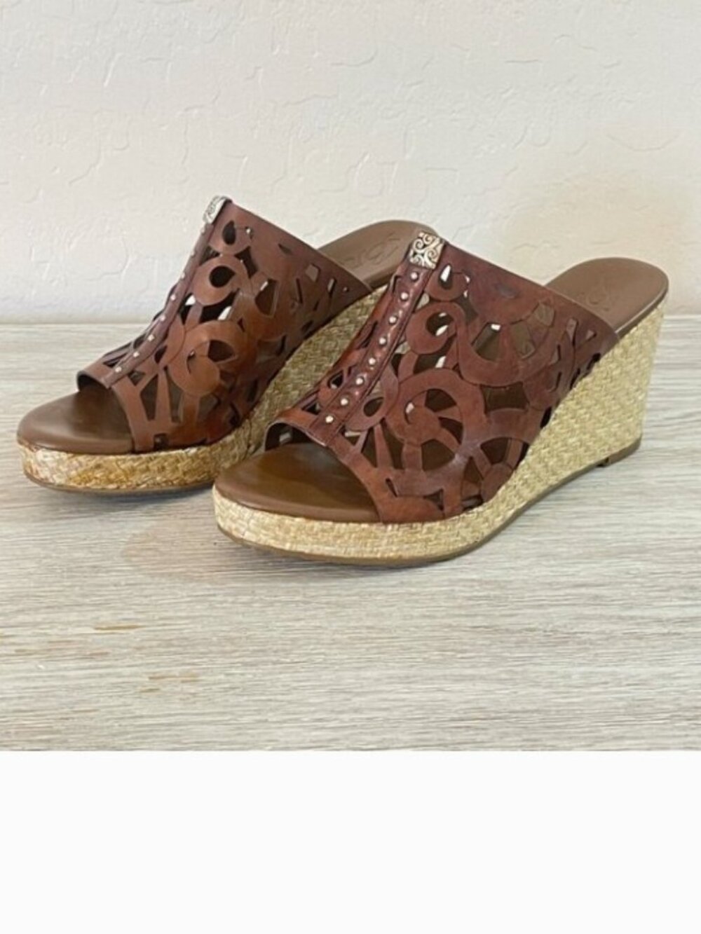 Brighton Sandals Daria Brown Leather Silver Charm Woven Platform Wedge Slide 6